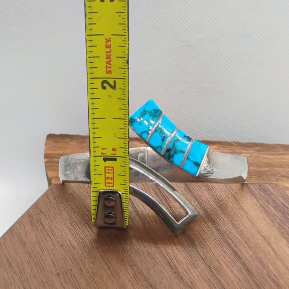 Vtg Mexico 950 Silver Inlay Turquoise Hinged Cuff Bracelet 57.6 g - Picture 5 of 9